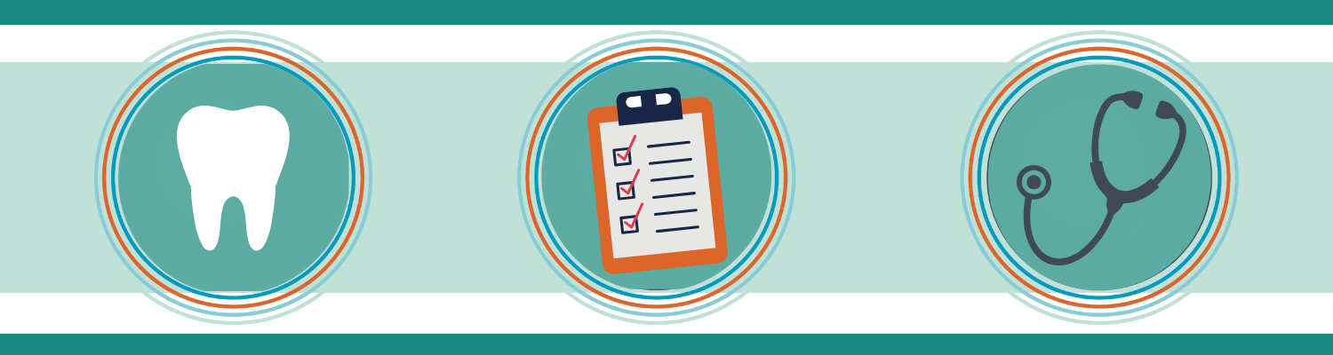 llun o ddant, tudalen gyda thiciau wedi’u marcio a stetosgop