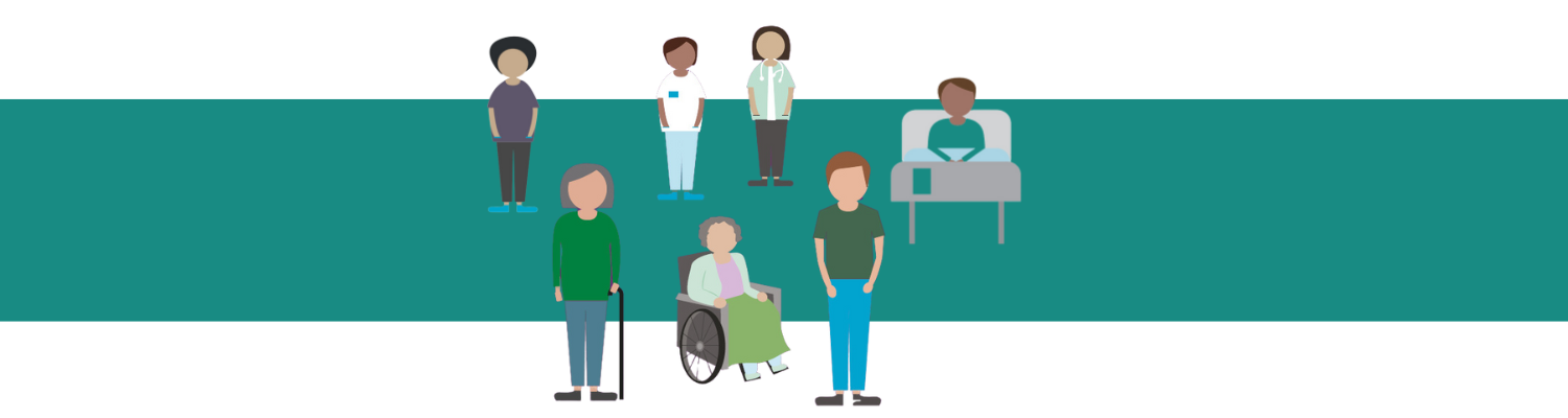 Group of people standing, patient in bed, wheelchair user on a green background